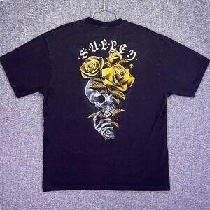 Sullen Art Collective Graphic Tee Mens XL Black Skull Yellow Roses Tattoo Art